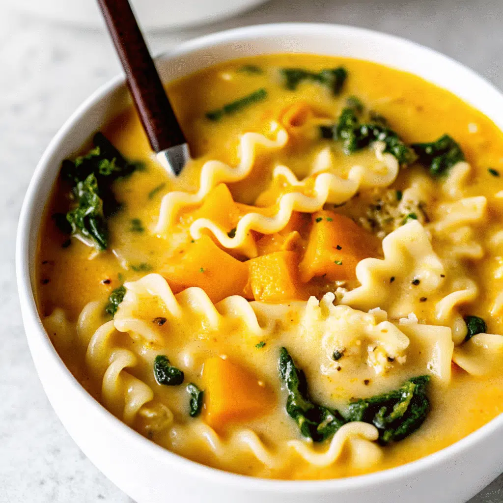 Butternut Squash Lasagna Soup with Kale and Mozzarella 6 A steaming bowl of Butternut Squash Lasagna Soup with Kale and Mozzarella cheese and fresh kale, served with crusty bread on a wooden table.