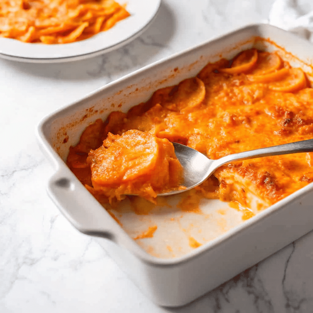 Golden-brown butternut squash casserole in a white baking dish, topped with melted mozzarella cheese and fresh basil garnish
