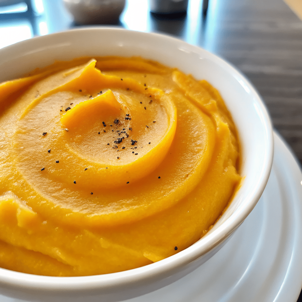 gordon ramsay butternut squash soup in a white bowl garnished with fresh sage leaves and a drizzle of olive oil, served alongside crusty bread on a rustic wooden table