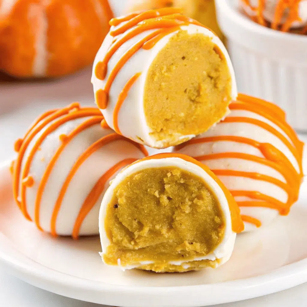 All Recipes 39 Bite-sized orange No Bake pumpkin cheesecake balls coated in smooth white chocolate with decorative orange drizzle, arranged on a white serving platter with fall leaves in the background