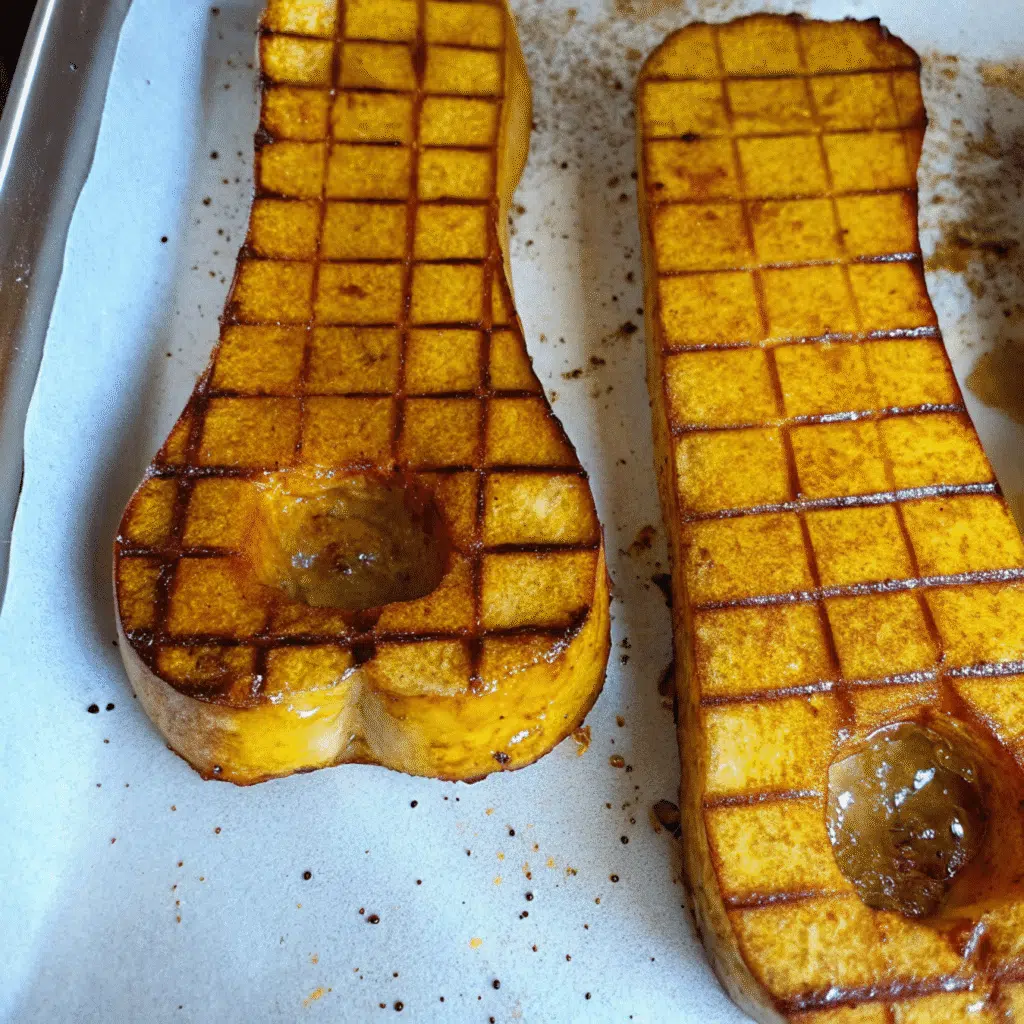 All Recipes 33 Golden, caramelized cubes of honey roasted butternut squash on a white serving platter, garnished with fresh herbs
