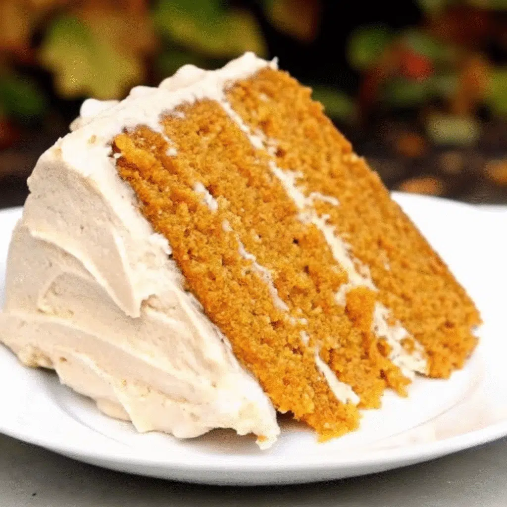All Recipes 25 A slice of moist pumpkin spice cake on a white plate with a fork, showing the tender orange-colored crumb studded with raisins.