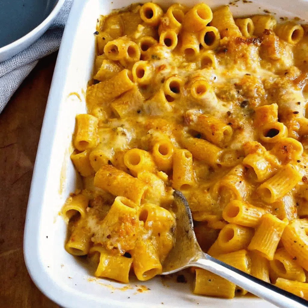 All Recipes 40 Creamy butternut squash mac and cheese in a white baking dish, topped with golden melted cheese and garnished with fresh chives