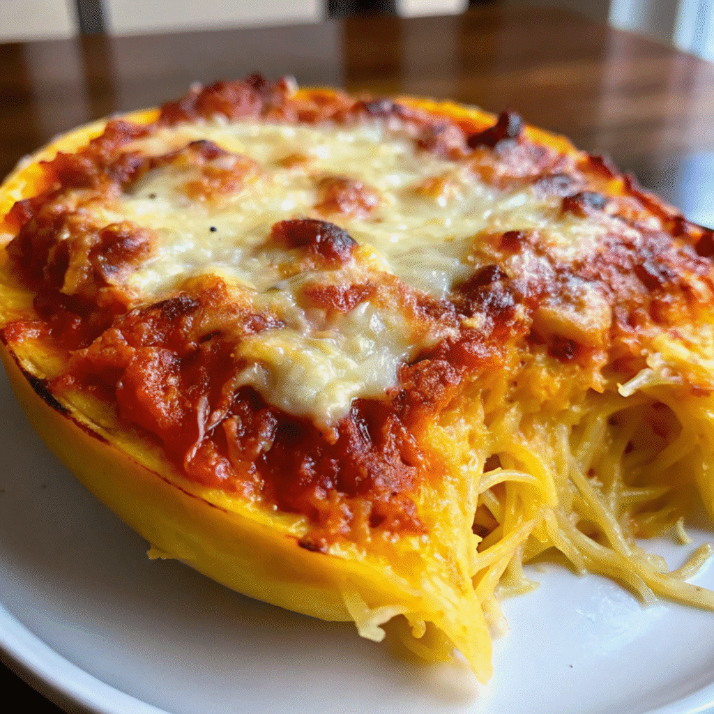 A dish of Million Dollar Spaghetti Squash Pasta with golden melted cheese on top, served in a white baking dish