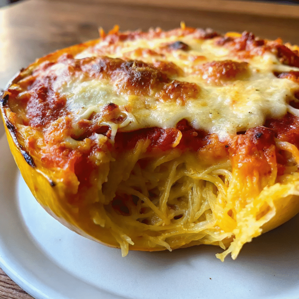 A dish of Million Dollar Spaghetti Squash Pasta with golden melted cheese on top, served in a white baking dish