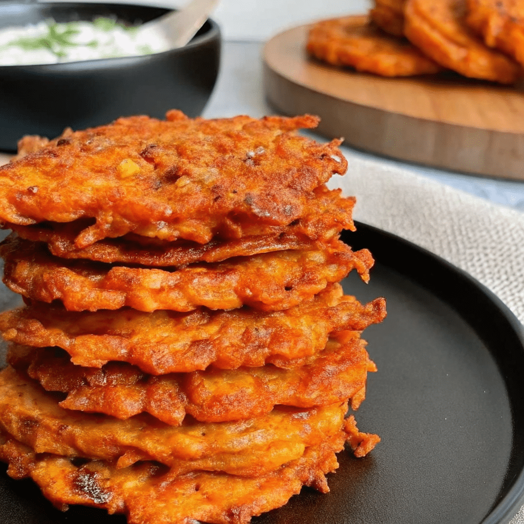 Golden brown crispy butternut squash fritters with garlic dip on a white plate next to a small bowl of creamy garlic dip, garnished with fresh chives