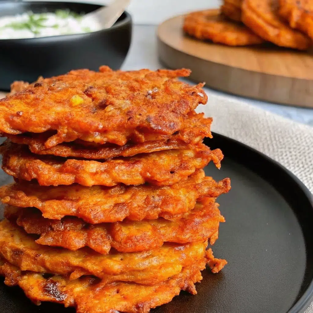 Golden brown crispy butternut squash fritters with garlic dip on a white plate next to a small bowl of creamy garlic dip, garnished with fresh chives