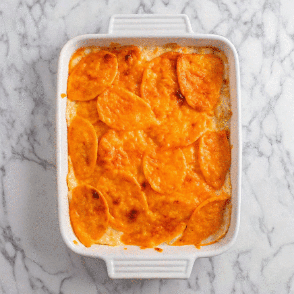 Golden-brown butternut squash casserole in a white baking dish, topped with melted mozzarella cheese and fresh basil garnish