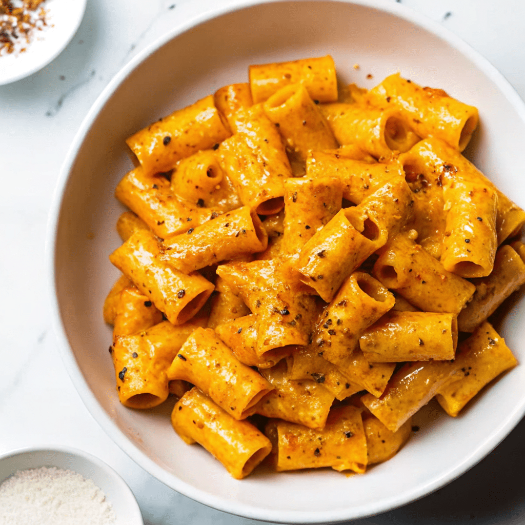 Creamy roasted butternut squash pasta topped with golden Parmesan breadcrumbs in a white bowl, garnished with fresh rosemary