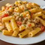 Creamy Rotel pasta with ground beef served in a white bowl, topped with fresh cilantro and melted cheddar cheese