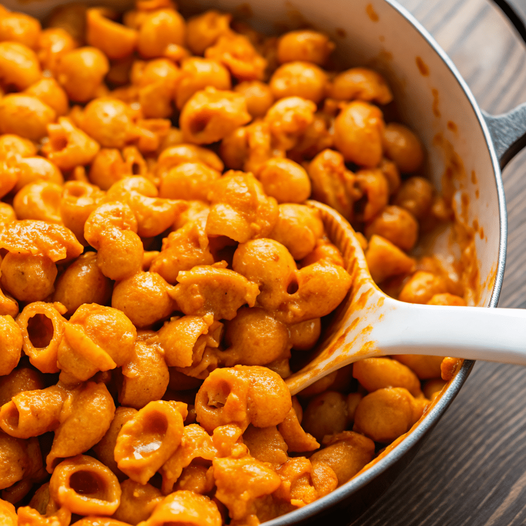 spicy butternut squash pasta in white ceramic bowl topped with dark green crispy sage leaves and white vegan parmesan shreds, fork twirling rigatoni showing creamy sauce coating every piece