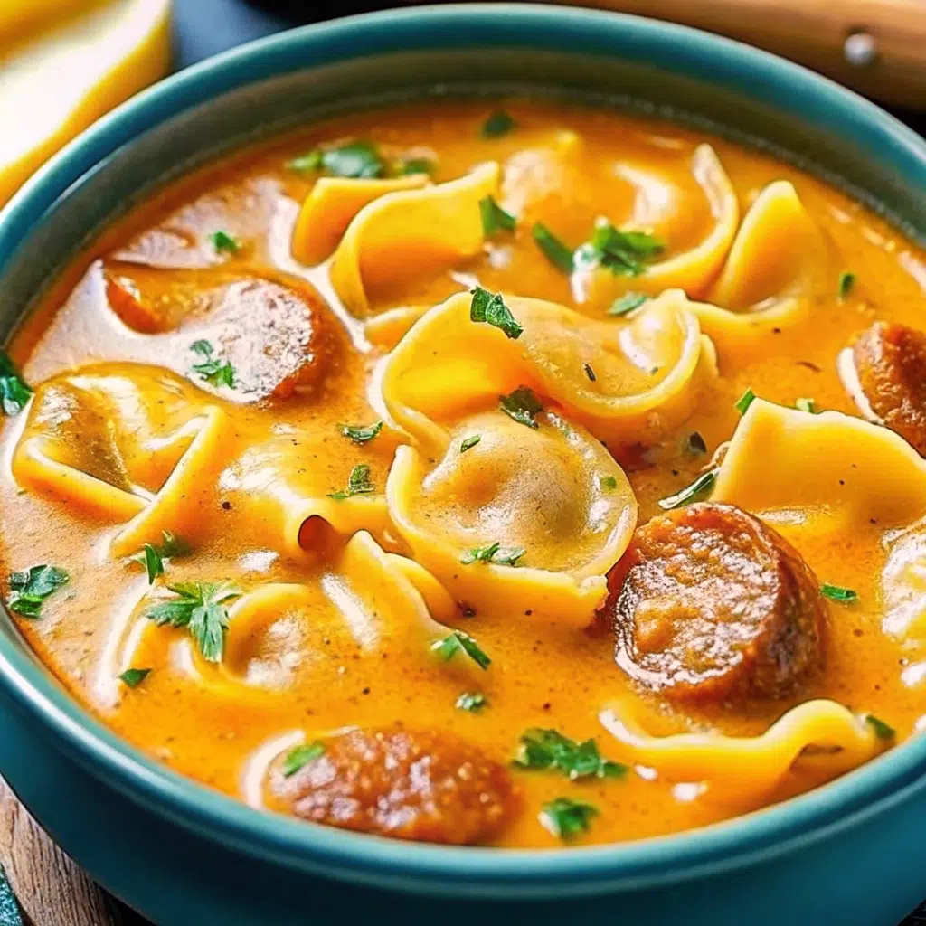 Butternut Squash Sausage Tortellini Soup 6 A rustic bowl of creamy butternut squash sausage tortellini soup topped with fresh Parmesan cheese and kale, served with crusty bread on a wooden table.