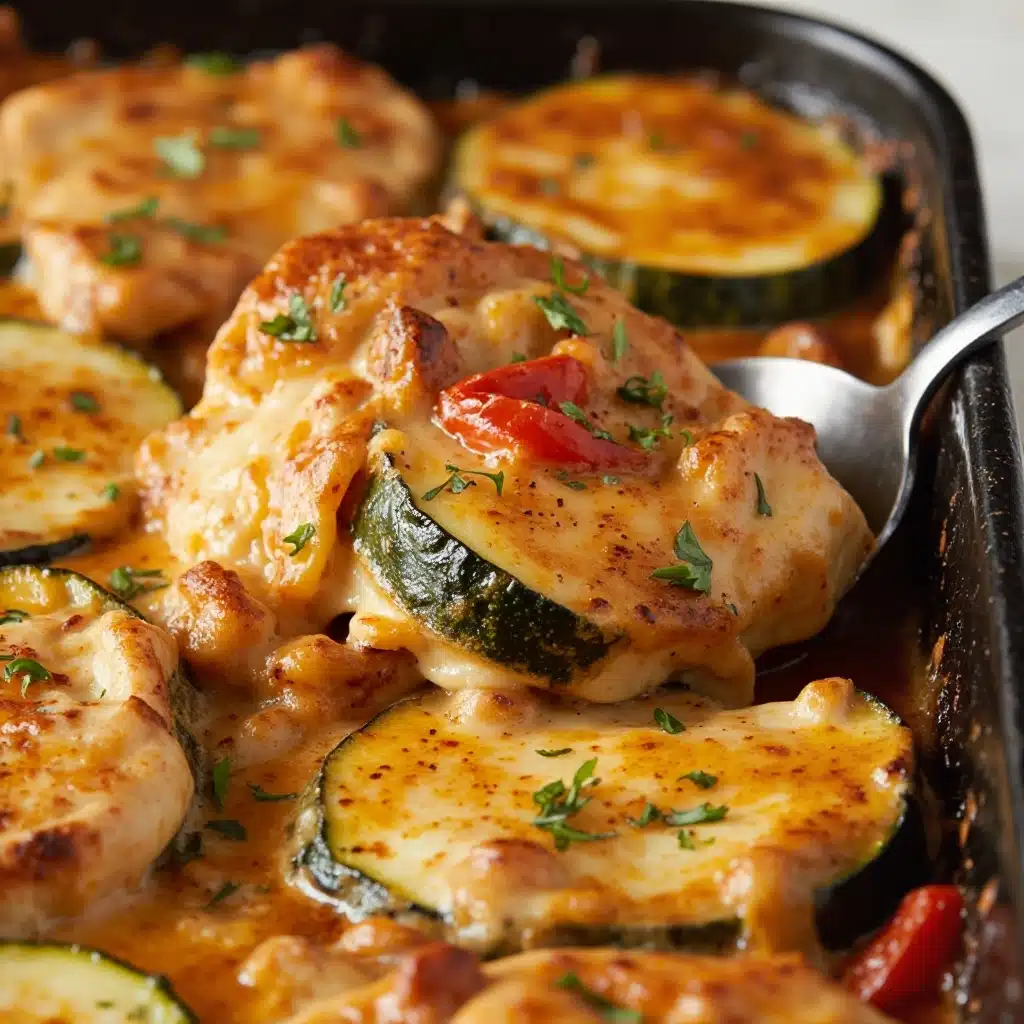 All Recipes 42 Mediterranean Chicken Zucchini Bake with melted cheese, fresh herbs, and golden chicken cutlets in a baking dish