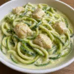 Irresistible Zucchini Noodle Chicken Alfredo 8 Creamy zucchini noodle chicken alfredo in a white bowl with fresh parsley garnish and grated Parmesan cheese on top