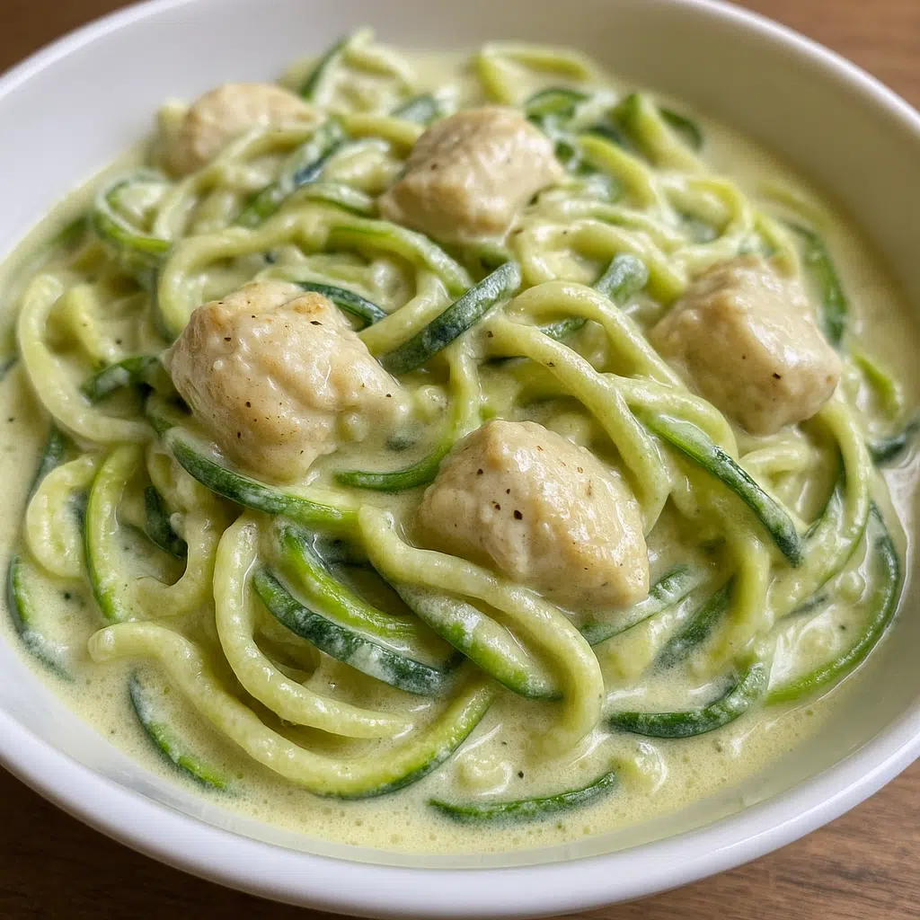 All Recipes 37 Creamy zucchini noodle chicken alfredo in a white bowl with fresh parsley garnish and grated Parmesan cheese on top
