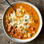 A bowl of creamy orange-colored chicken pumpkin chili topped with shredded cheese and green onions, served with crusty bread on a wooden table with fall decorations in the background.