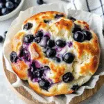 The Fluffiest Cottage Cheese Blueberry Cloud Bread 8 Golden, fluffy cottage cheese blueberry cloud bread pieces cooling on parchment paper with scattered fresh blueberries and a rustic wooden spoon nearby