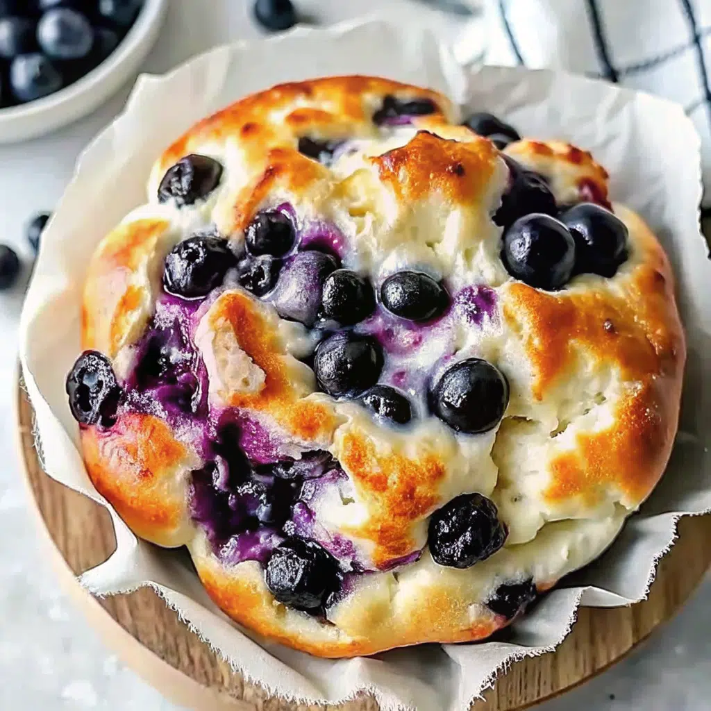 The Fluffiest Cottage Cheese Blueberry Cloud Bread 7 Golden, fluffy cottage cheese blueberry cloud bread pieces cooling on parchment paper with scattered fresh blueberries and a rustic wooden spoon nearby