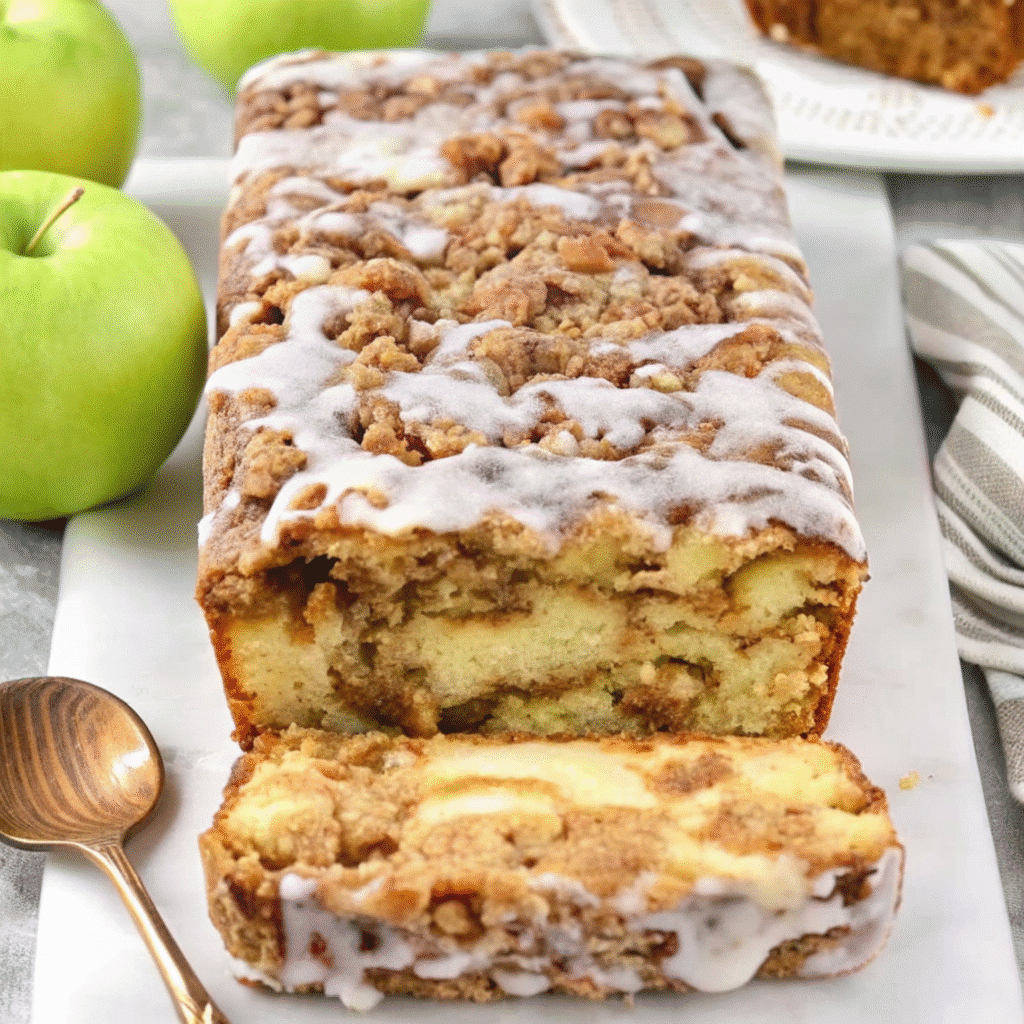 homemade cinnamon apple bread on a white plate showing layers of tender bread with visible apple pieces and cinnamon swirl