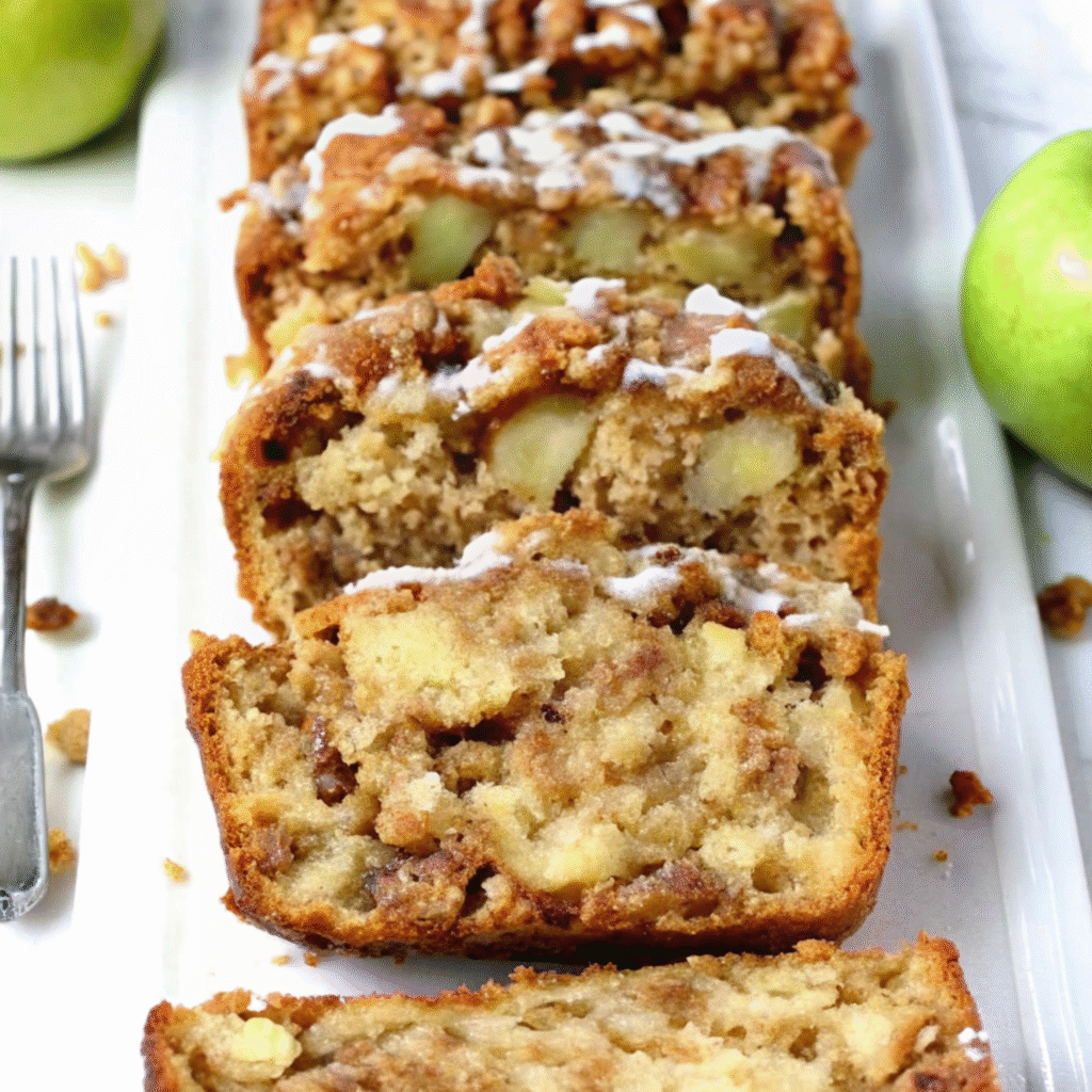 Slice of homemade cinnamon apple bread on a white plate showing layers of tender bread with visible apple pieces and cinnamon swirl