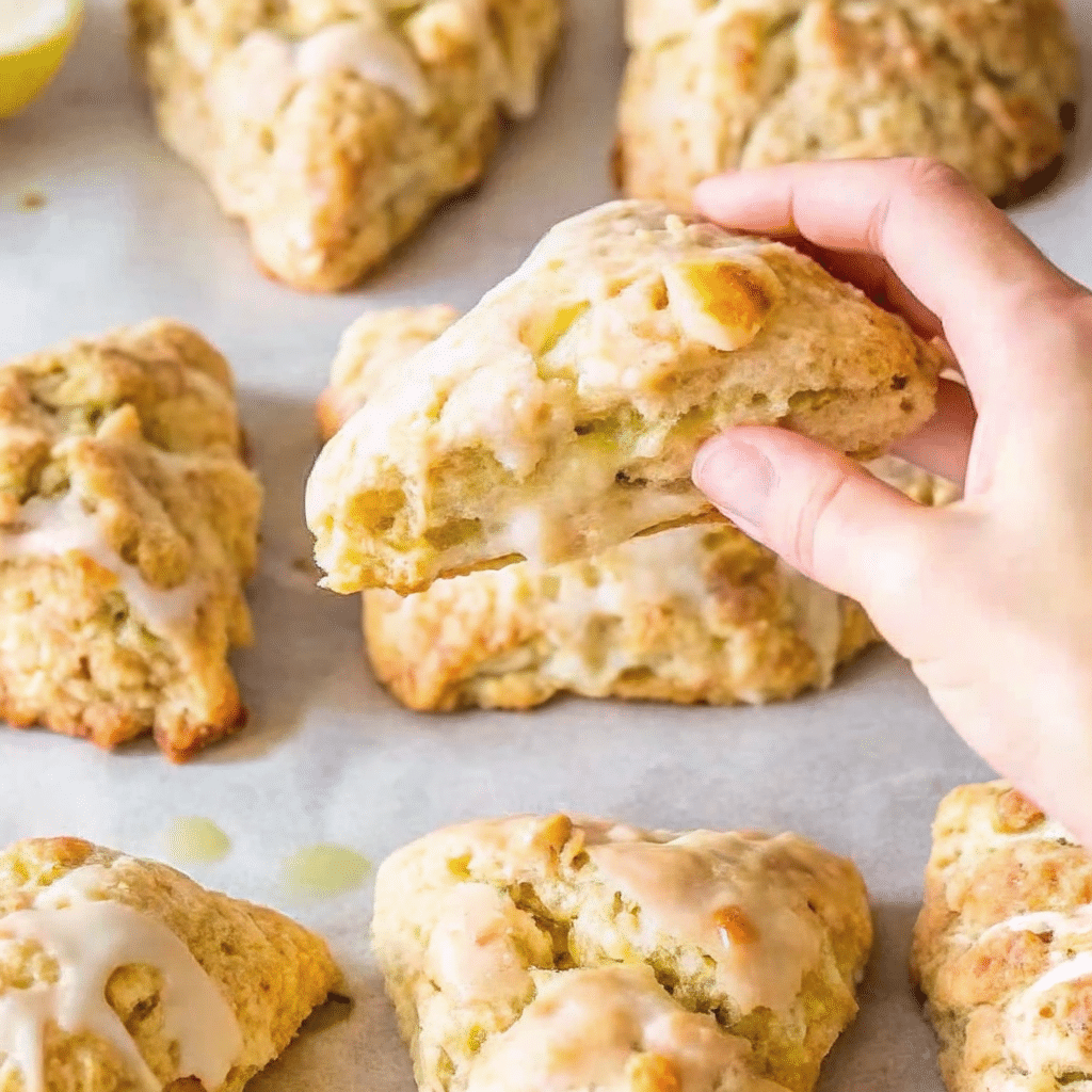 Eight golden apple cinnamon scones with white glaze drizzled on top sitting on wooden cutting board with fresh apple slices and cinnamon sticks