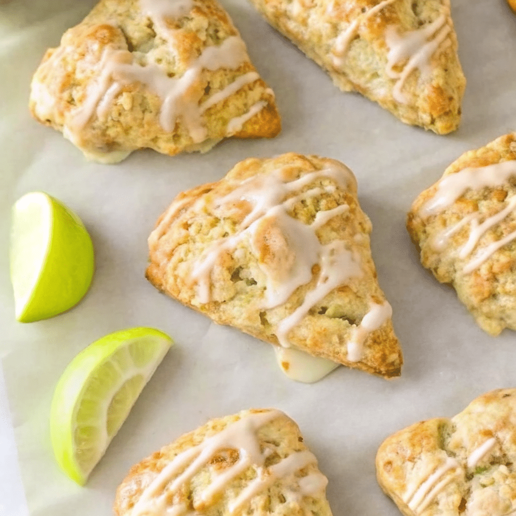Eight golden apple cinnamon scones with white glaze drizzled on top sitting on wooden cutting board with fresh apple slices and cinnamon sticks