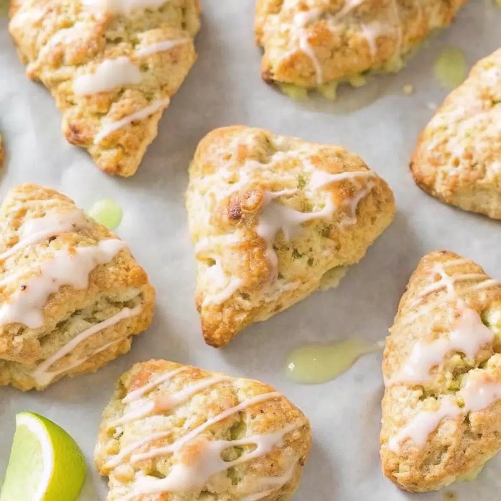 Apple Cinnamon Scones 9 Eight golden apple cinnamon scones with white glaze drizzled on top sitting on wooden cutting board with fresh apple slices and cinnamon sticks
