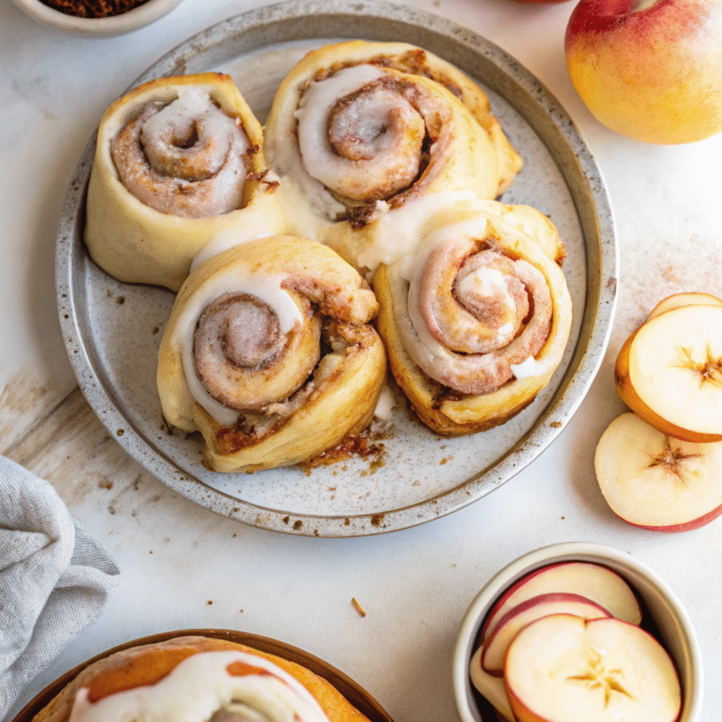 Freshly baked apple pie cinnamon rolls in a baking dish, topped with cream cheese frosting and showing the spiral of cinnamon and apple filling