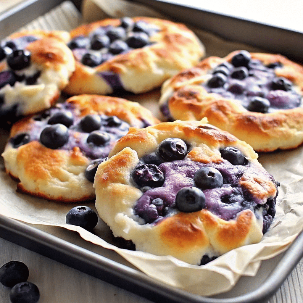 Golden, fluffy cottage cheese blueberry cloud bread pieces cooling on parchment paper with scattered fresh blueberries and a rustic wooden spoon nearby