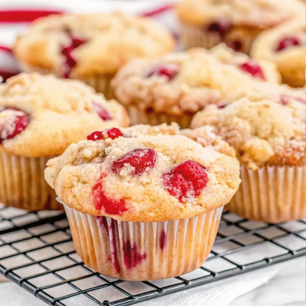 Cherry Cobbler Muffins 7 Golden brown cherry cobbler muffins with crumbly streusel topping, filled with juicy red cherries, arranged on a white cooling rack
