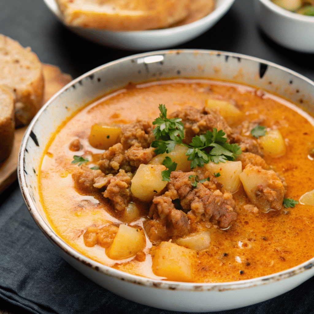 Bowl of creamy Spanish potato soup with chorizo garnished with fresh parsley