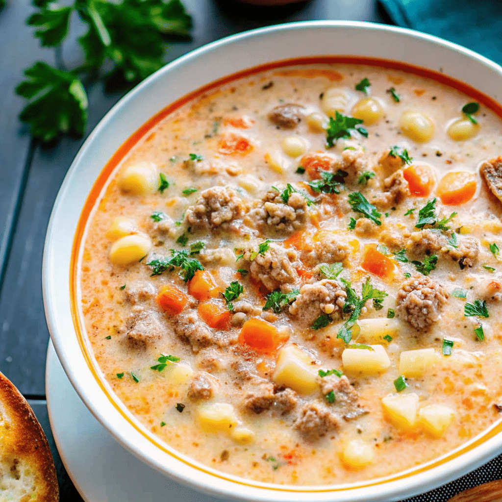 A steaming bowl of Italian sausage potato soup with visible pieces of golden sausage, tender potato cubes, and bright green kale in a creamy broth, garnished with fresh herbs