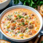 Rich Italian Sausage Potato Soup 10 A steaming bowl of Italian sausage potato soup with visible pieces of golden sausage, tender potato cubes, and bright green kale in a creamy broth, garnished with fresh herbs