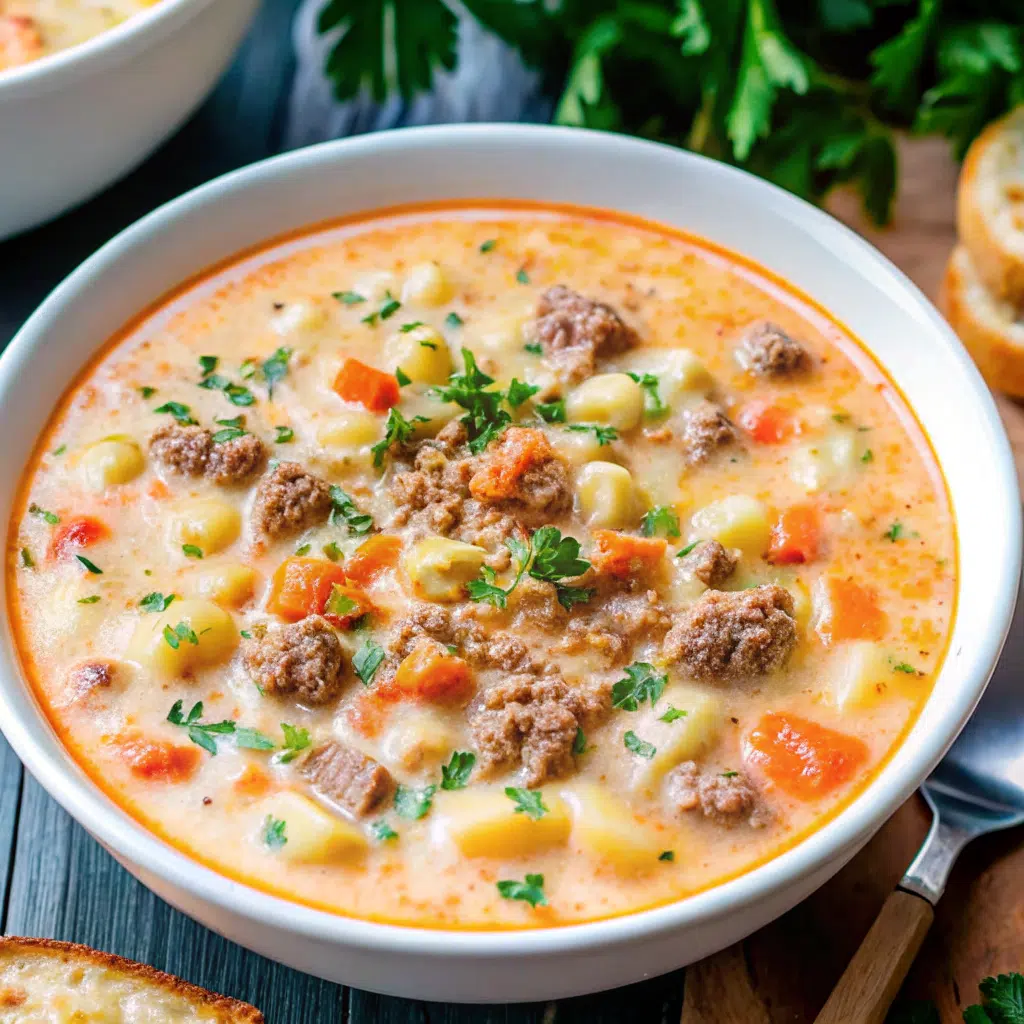 Home Page 48 A steaming bowl of Italian sausage potato soup with visible pieces of golden sausage, tender potato cubes, and bright green kale in a creamy broth, garnished with fresh herbs