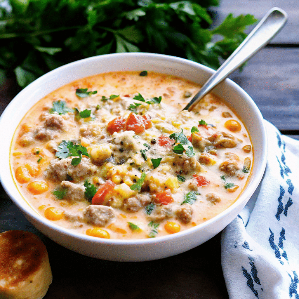 A steaming bowl of Italian sausage potato soup with visible pieces of golden sausage, tender potato cubes, and bright green kale in a creamy broth, garnished with fresh herbs