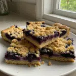 Blueberry Crumble Bars 10 Golden brown blueberry crumble bars cut into squares, showing layers of buttery crust, juicy blueberry filling, and crumbly topping
