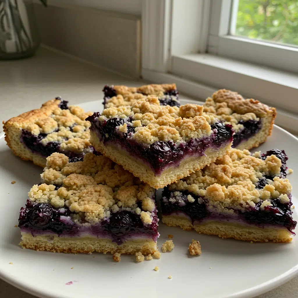 Golden brown blueberry crumble bars cut into squares, showing layers of buttery crust, juicy blueberry filling, and crumbly topping