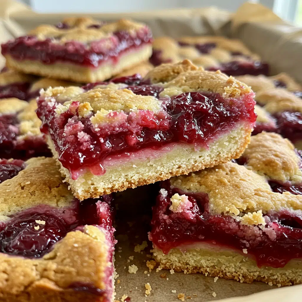 Golden-brown cherry pie bars with crumble topping on parchment paper, showing layers of oat crust, bright red cherry filling, and streusel top
