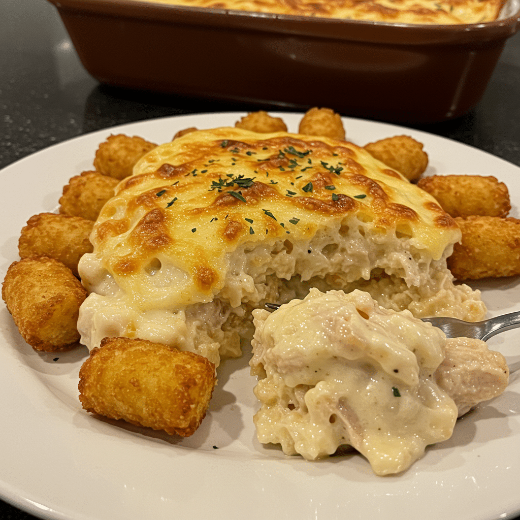 Golden brown tater tot casserole with melted cheese and fresh parsley garnish in a white baking dish