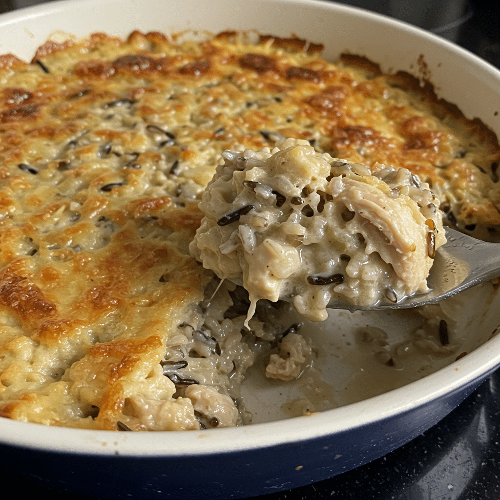 Golden brown chicken wild rice casserole in a white baking dish, topped with melted Parmesan cheese and garnished with fresh herbs