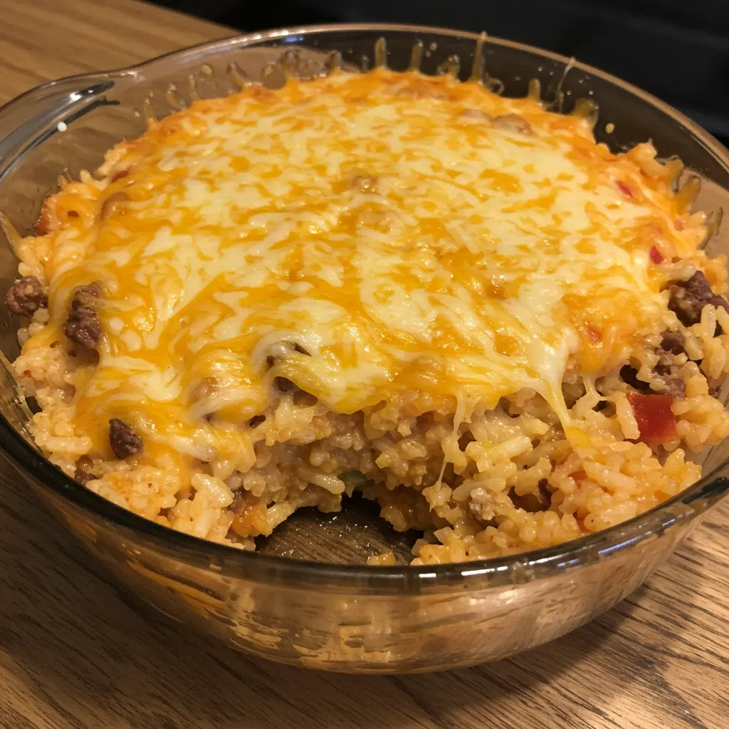 Skillet of cheesy taco rice with pico de gallo on top, tortilla chips on the side