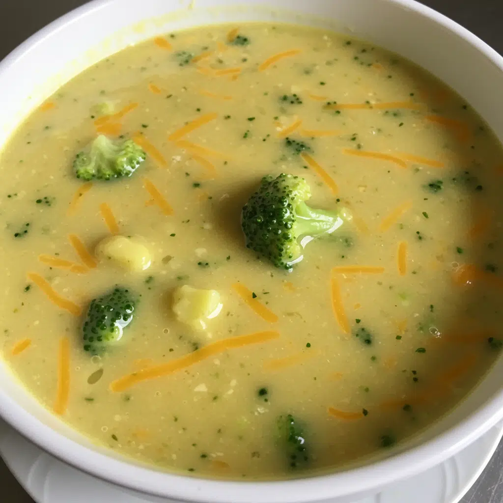 A steaming bowl of creamy broccoli cheddar soup garnished with fresh herbs and served