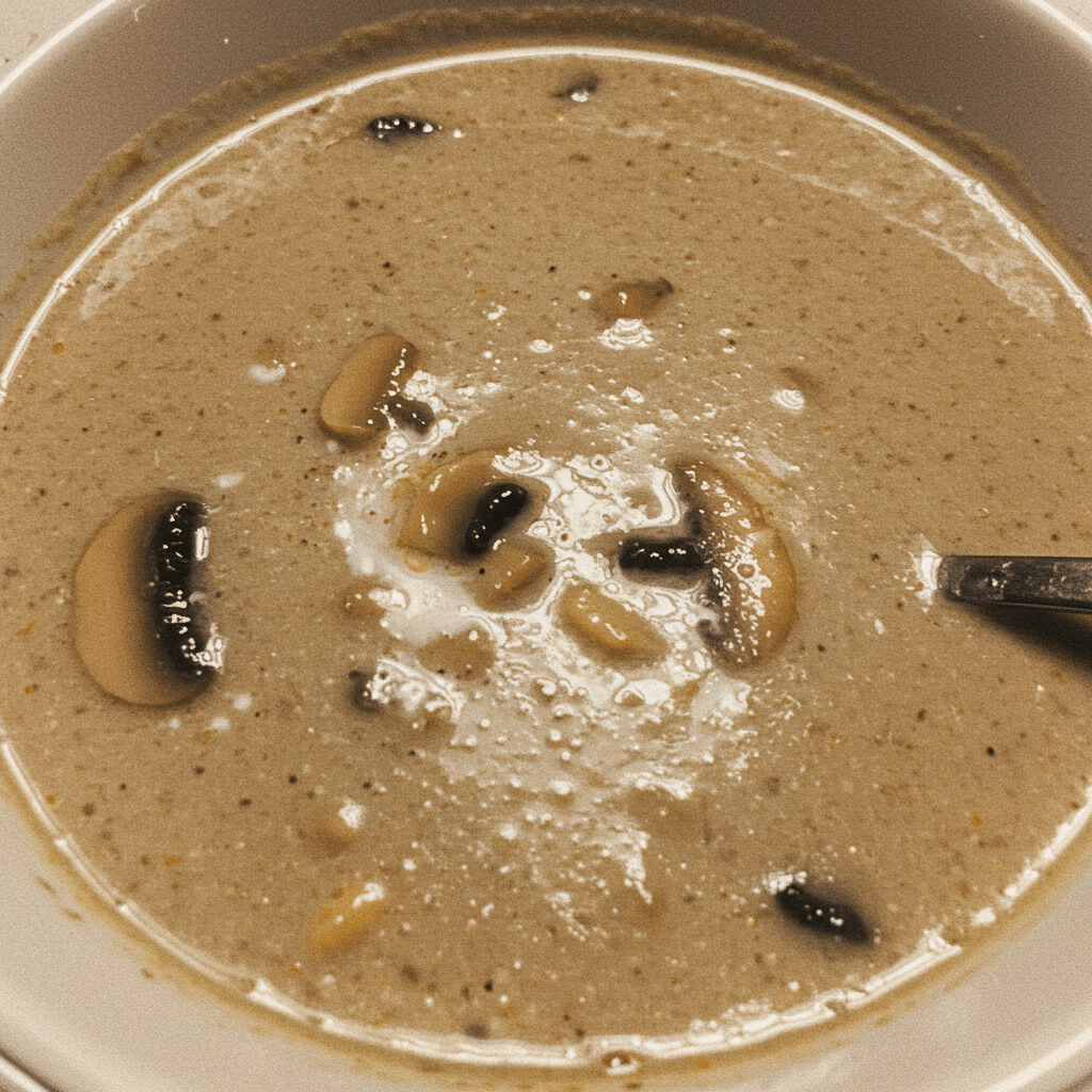Creamy homemade mushroom soup in white bowls garnished with fresh parsley, served with crusty bread
