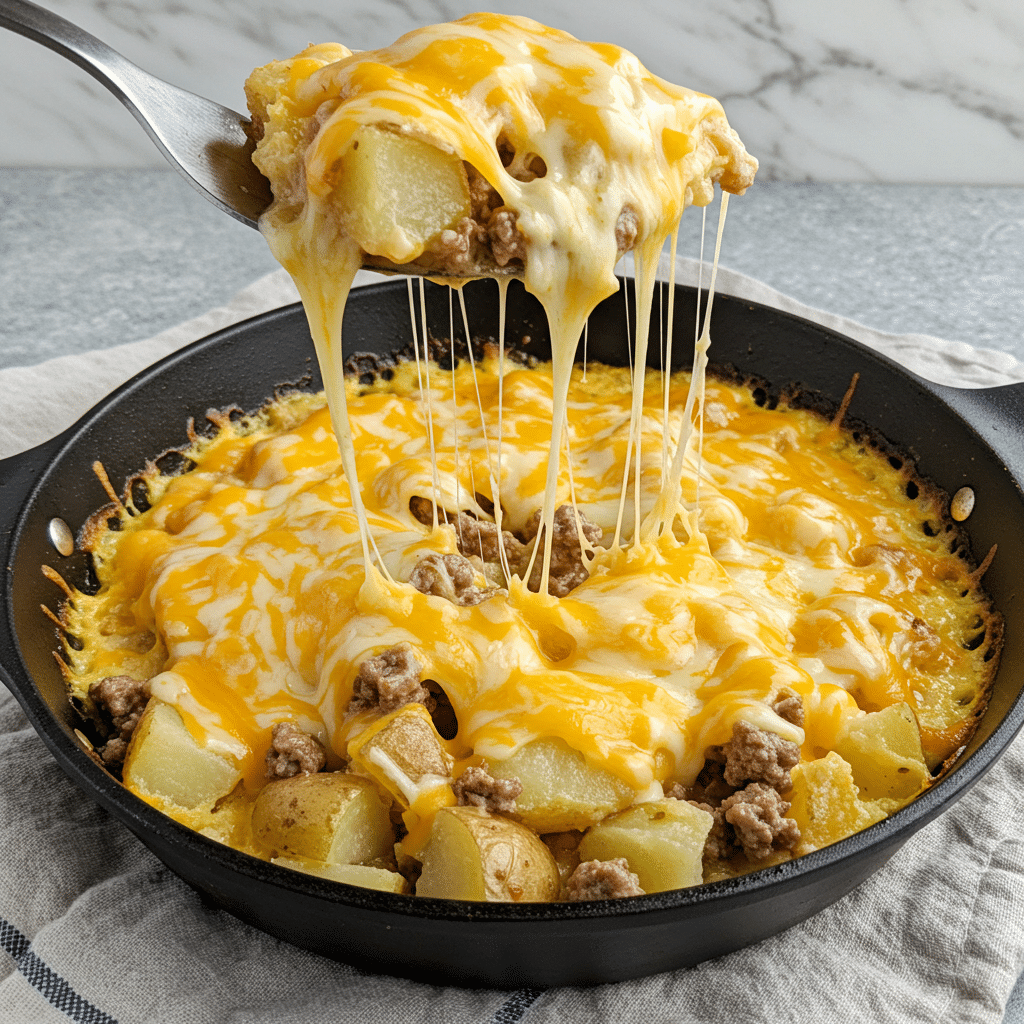 One Pan Cheesy Meat and Potato Skillet - crispy potatoes, seasoned ground beef, melted cheese all cooked together