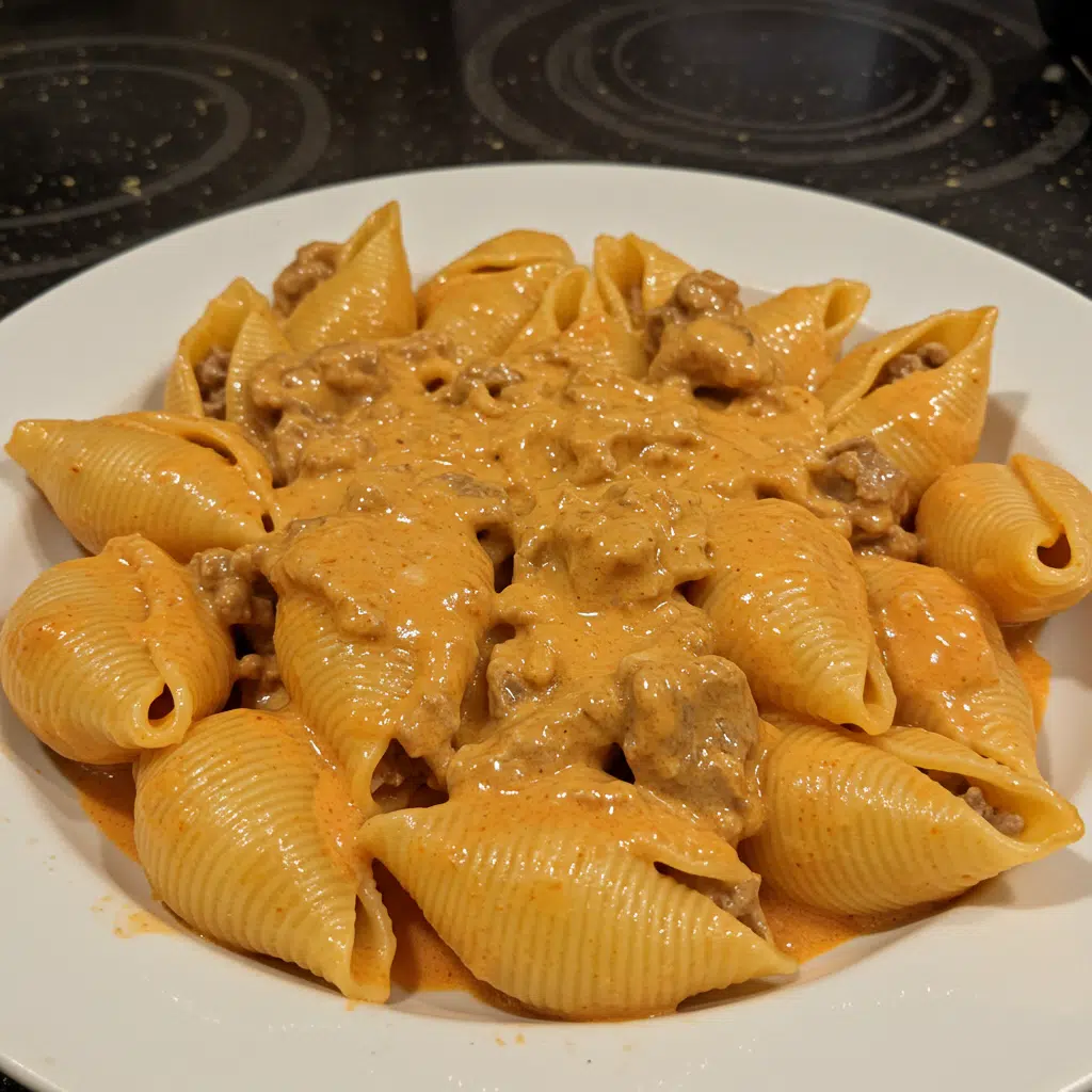 Creamy Paprika Steak Shells 7 paprika steak shells in creamy orange sauce, sprinkled with green parsley