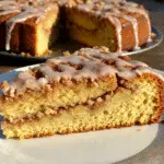 Irresistible Cinnamon Apple Cake 8 cinnamon apple cake on a white plate, showing tender crumb studded with apple pieces, topped with glaze drizzle, with the whole cake visible in the background on a cooling rack
