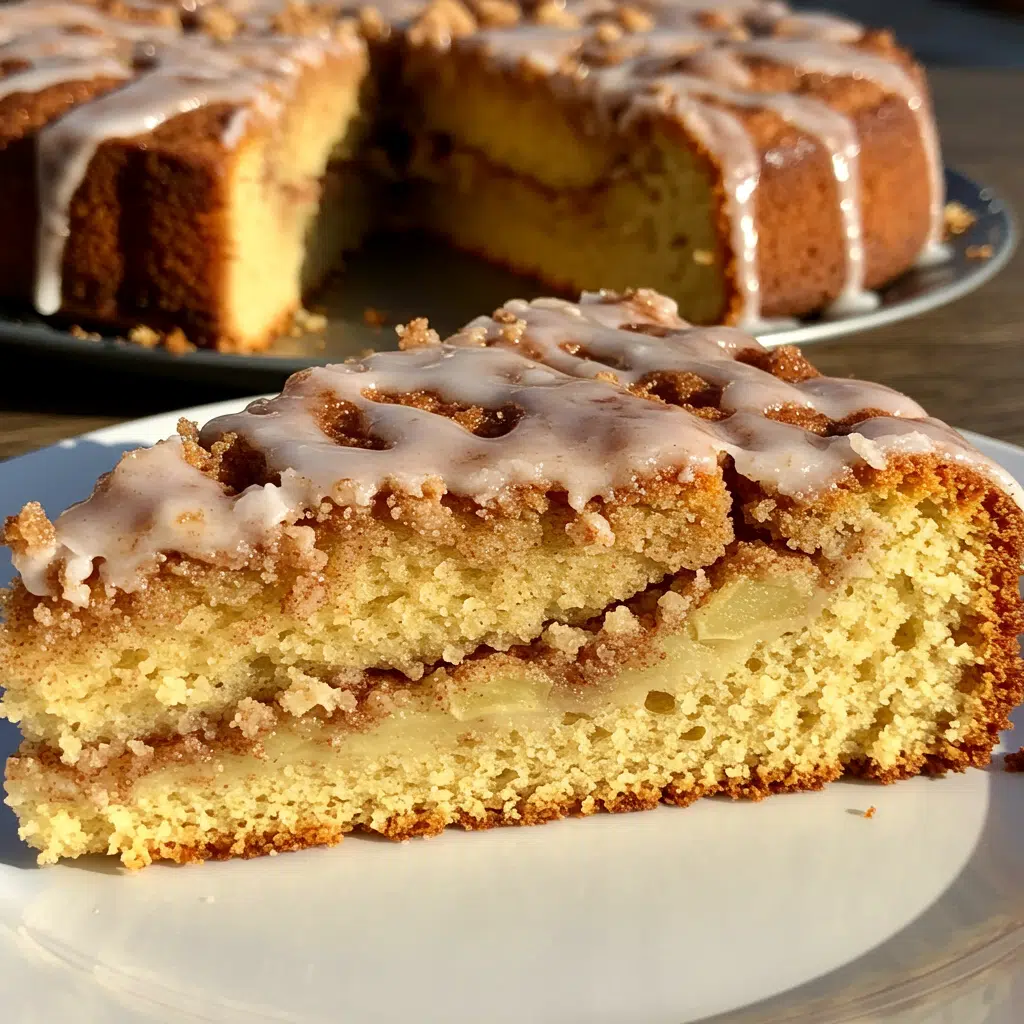 Irresistible Cinnamon Apple Cake 7 cinnamon apple cake on a white plate, showing tender crumb studded with apple pieces, topped with glaze drizzle, with the whole cake visible in the background on a cooling rack