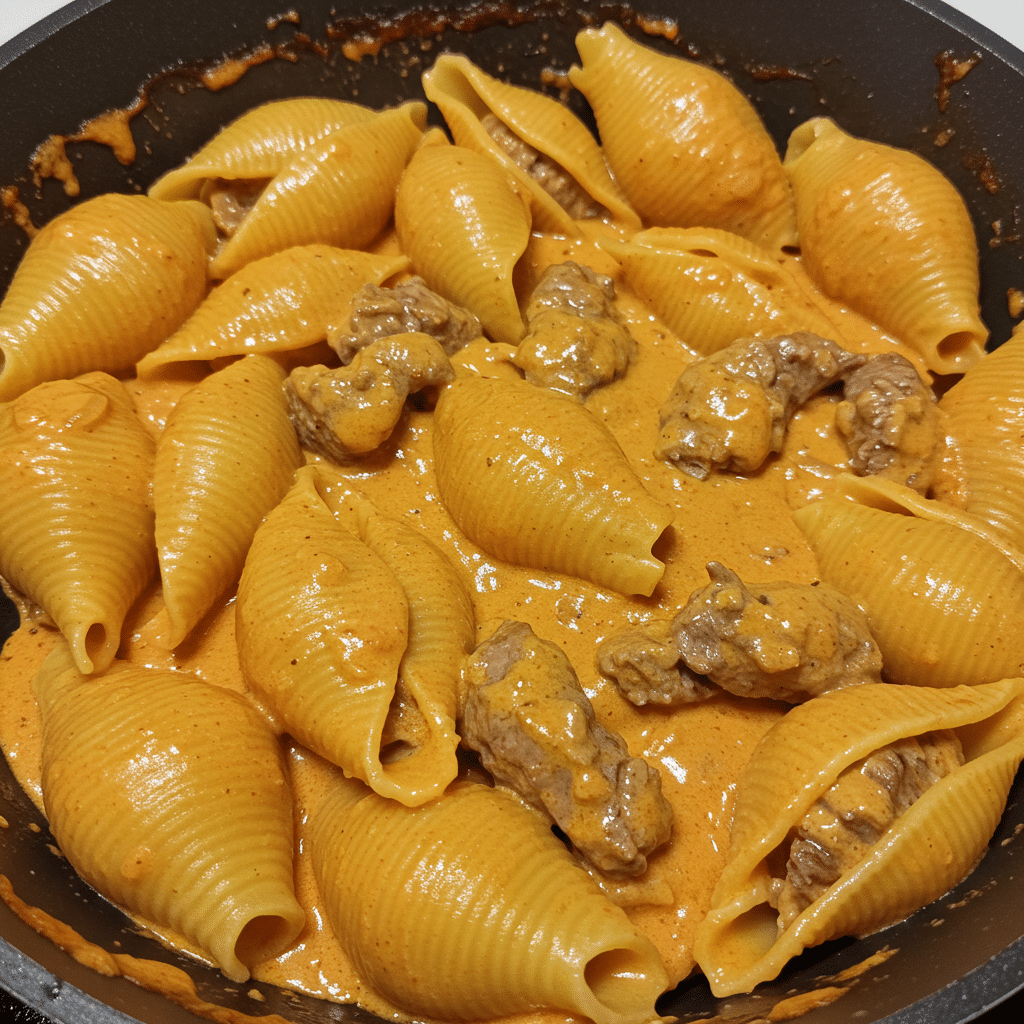 paprika steak shells in creamy orange sauce, sprinkled with green parsley