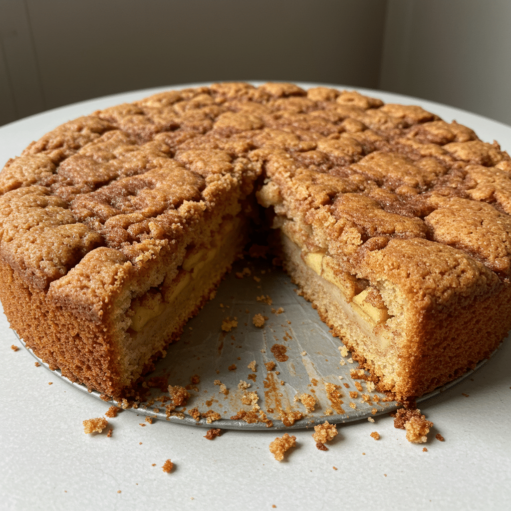 cinnamon apple cake on a white plate, showing tender crumb studded with apple pieces, topped with glaze drizzle, with the whole cake visible in the background on a cooling rack