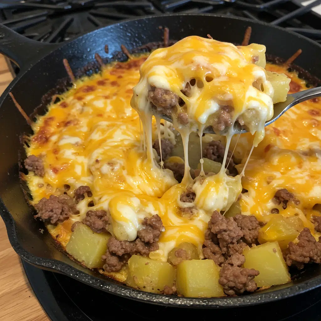 One Pan Cheesy Meat and Potato Skillet 9 One Pan Cheesy Meat and Potato Skillet - crispy potatoes, seasoned ground beef, melted cheese all cooked together